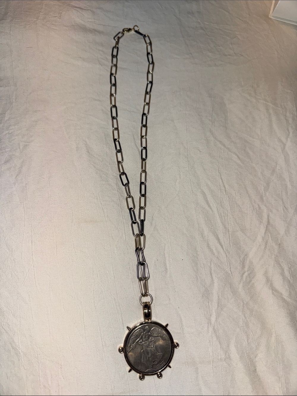 French Coin Pendant Necklace Burnished Silver and Gold metal
